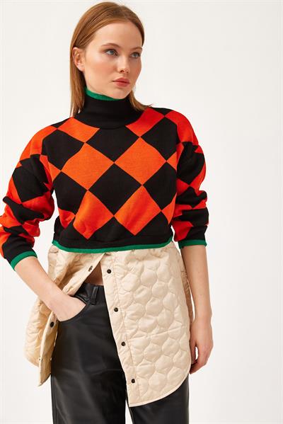 Kapitoneli Ekose Triko Kazak Turuncu