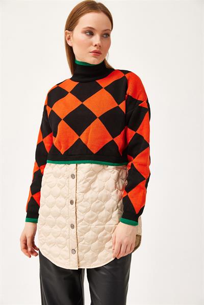 Kapitoneli Ekose Triko Kazak Turuncu