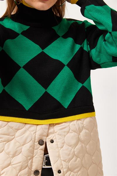 Kapitoneli Ekose Triko Kazak Yeşil