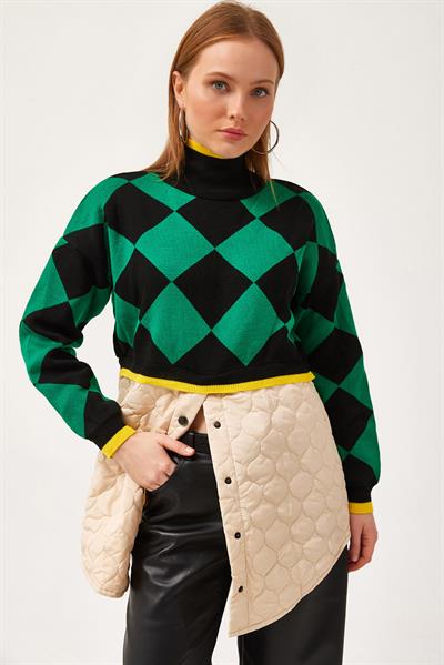 Kapitoneli Ekose Triko Kazak Yeşil