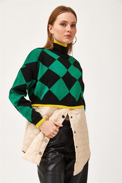 Kapitoneli Ekose Triko Kazak Yeşil