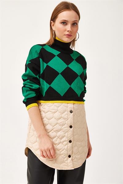 Kapitoneli Ekose Triko Kazak Yeşil