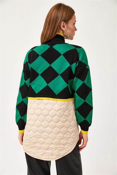 Kapitoneli Ekose Triko Kazak Yeşil