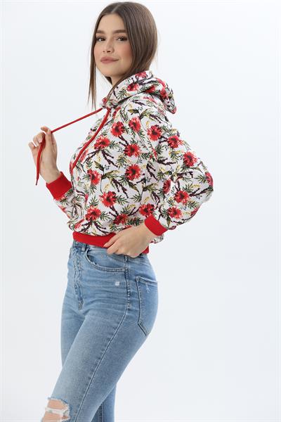 Kapüşonlu Çiçek Desenli İki İplik Sweatshirt Kırmızı