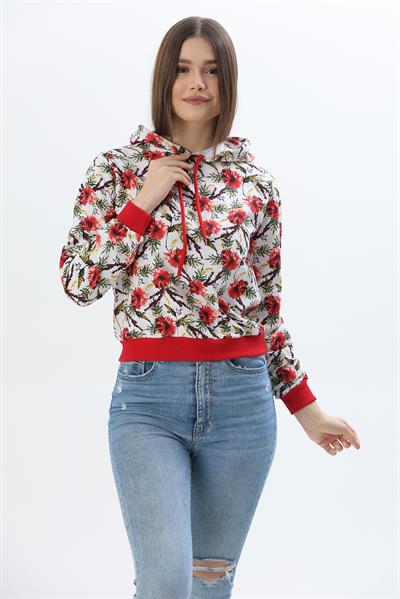 Kapüşonlu Çiçek Desenli İki İplik Sweatshirt Kırmızı