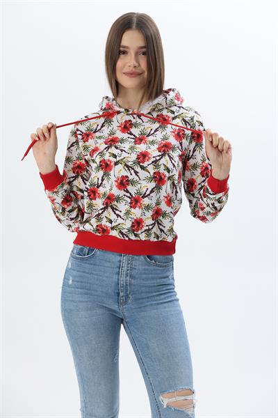 Kapüşonlu Çiçek Desenli İki İplik Sweatshirt Kırmızı
