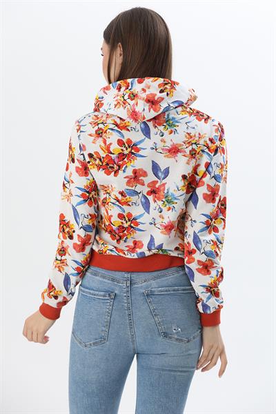 Kapüşonlu Çiçek Desenli İki İplik Sweatshirt Turuncu