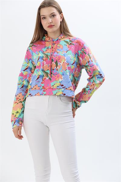 Kapüşonlu Çiçek Desenli İki İplik Sweatshirt Pembe