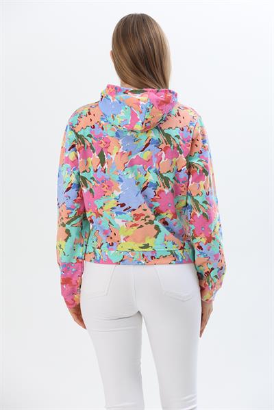 Kapüşonlu Çiçek Desenli İki İplik Sweatshirt Pembe