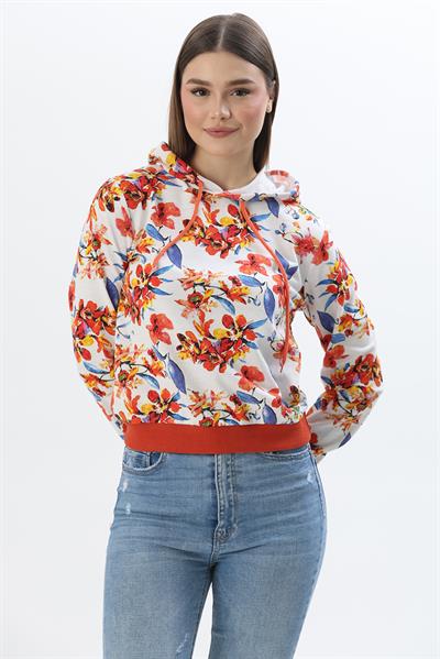 Kapüşonlu Çiçek Desenli İki İplik Sweatshirt Turuncu