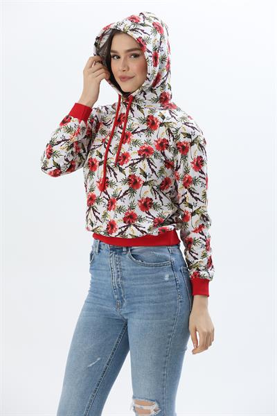 Kapüşonlu Çiçek Desenli İki İplik Sweatshirt Kırmızı