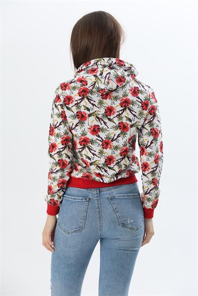 Kapüşonlu Çiçek Desenli İki İplik Sweatshirt Kırmızı