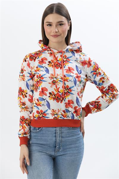 Kapüşonlu Çiçek Desenli İki İplik Sweatshirt Turuncu