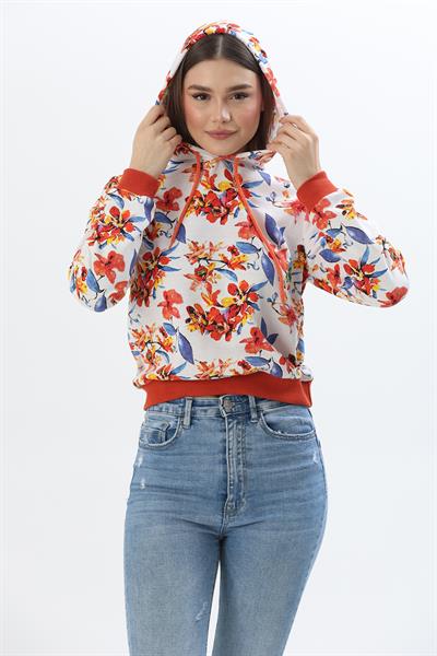 Kapüşonlu Çiçek Desenli İki İplik Sweatshirt Turuncu