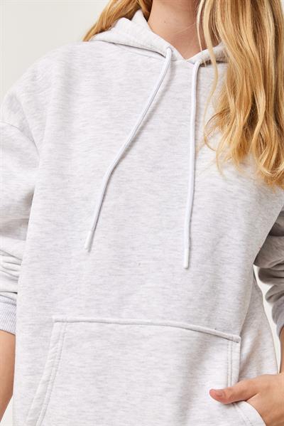 Kapüşonlu Kangurlu cepli Oversize Şardonlu Sweatshirt Gri
