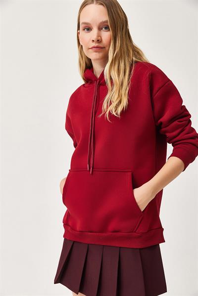 Kapüşonlu Kangurlu cepli Oversize Şardonlu Sweatshirt Bordo