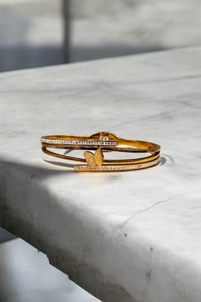 Kelebek Detaylı Taşlı Gold Kelepçe Gold 