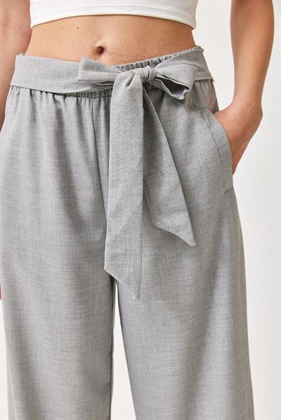 Kendinden Kemerli Cepli Bol Pantolon Gri