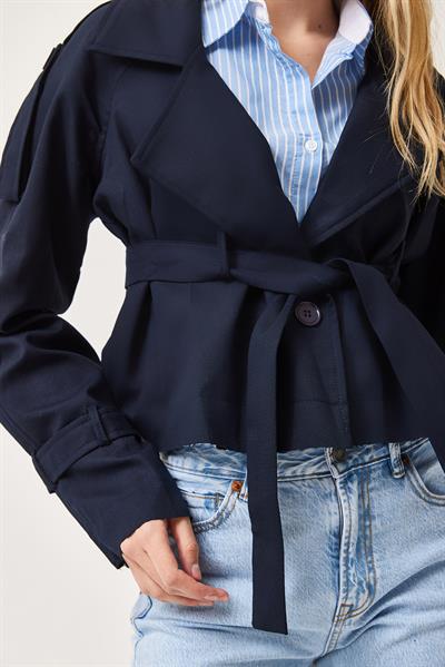 Kol Ve Kemer Detaylı Oversize Ceket Lacivert