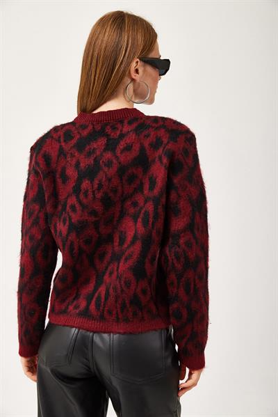 Leopar Desen Sakallı Triko Kısa Hırka Bordo