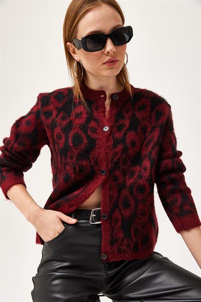 Leopar Desen Sakallı Triko Kısa Hırka Bordo