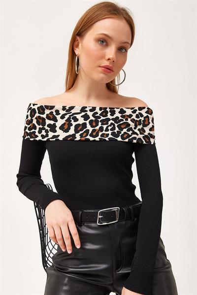 Madonna Yaka Leopar Garnili Ottoban Crop Bluz Siyah 