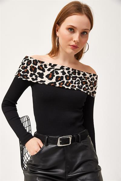 Madonna Yaka Leopar Garnili Ottoban Crop Bluz Siyah 