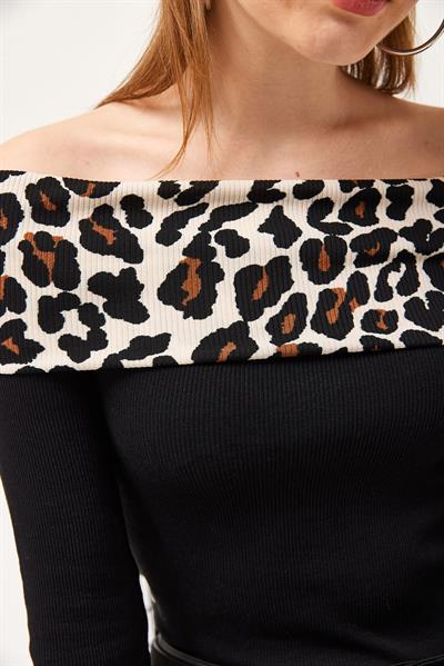 Madonna Yaka Leopar Garnili Ottoban Crop Bluz Siyah 