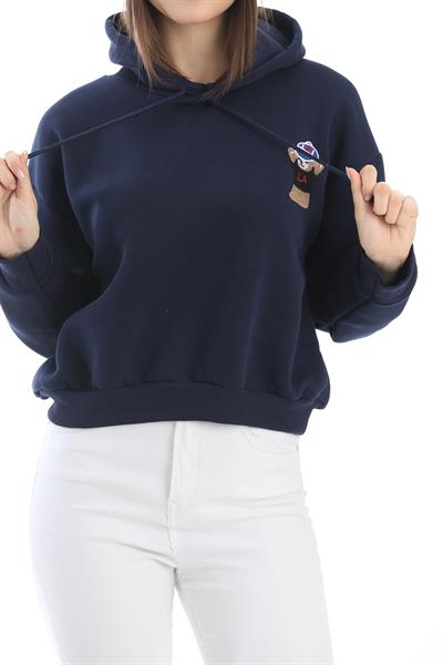 Nakışlı Kapüşonlu Oversize Sweatshirt Lacivert
