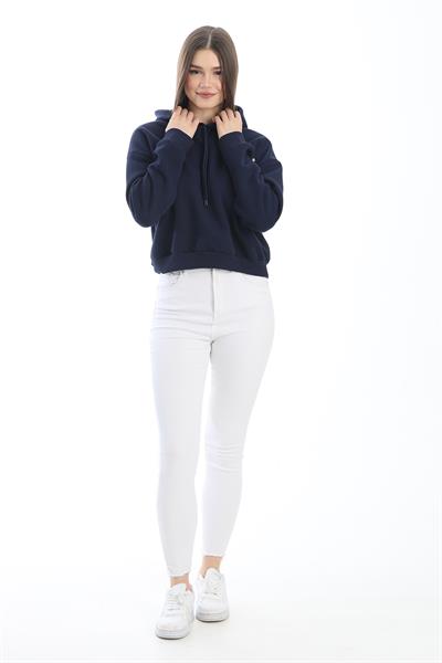 Nakışlı Kapüşonlu Oversize Sweatshirt Lacivert
