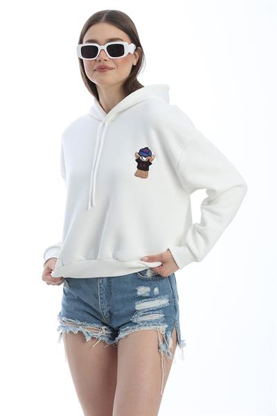 Nakışlı Kapüşonlu Oversize Sweatshirt Beyaz