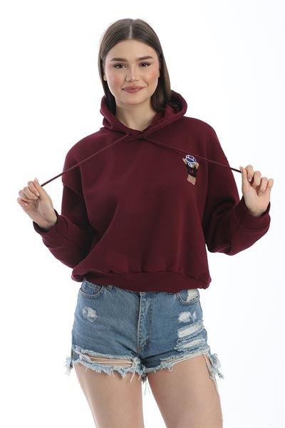 Nakışlı Kapüşonlu Oversize Sweatshirt Bordo