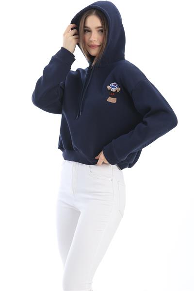 Nakışlı Kapüşonlu Oversize Sweatshirt Lacivert