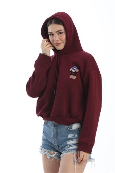 Nakışlı Kapüşonlu Oversize Sweatshirt Bordo