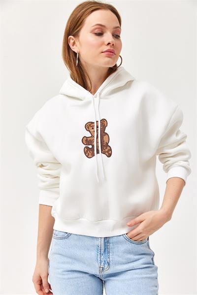 Nakışlı Kapüşonlu Üç İp Sweatshirt Beyaz
