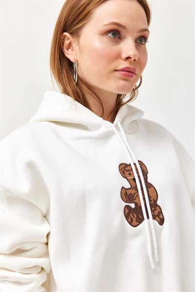 Nakışlı Kapüşonlu Üç İp Sweatshirt Beyaz