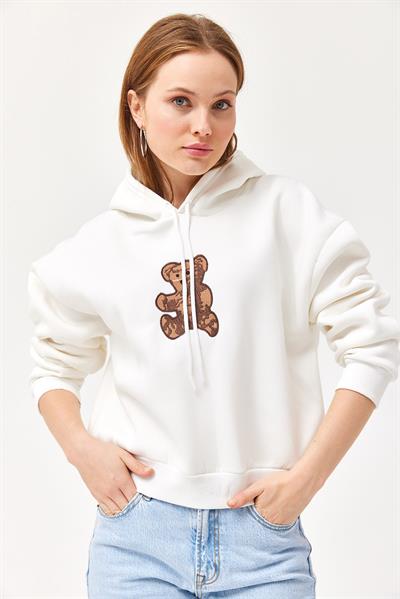 Nakışlı Kapüşonlu Üç İp Sweatshirt Beyaz