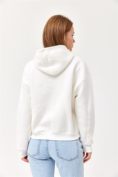Nakışlı Kapüşonlu Üç İp Sweatshirt Beyaz