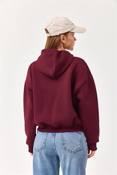 Nakışlı Kapüşonlu Üç İp Sweatshirt Bordo