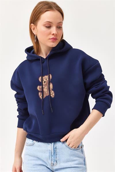 Nakışlı Kapüşonlu Üç İp Sweatshirt Lacivert