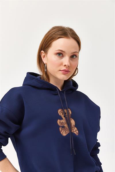 Nakışlı Kapüşonlu Üç İp Sweatshirt Lacivert