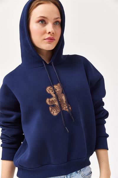 Nakışlı Kapüşonlu Üç İp Sweatshirt Lacivert