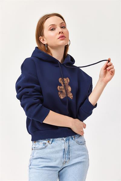 Nakışlı Kapüşonlu Üç İp Sweatshirt Lacivert