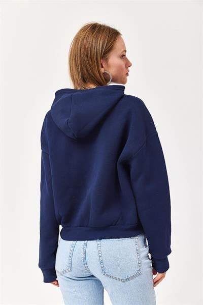 Nakışlı Kapüşonlu Üç İp Sweatshirt Lacivert