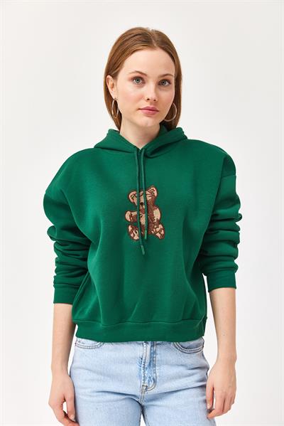 Nakışlı Kapüşonlu Üç İp Sweatshirt Yeşil