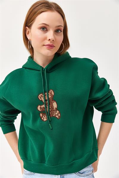 Nakışlı Kapüşonlu Üç İp Sweatshirt Yeşil