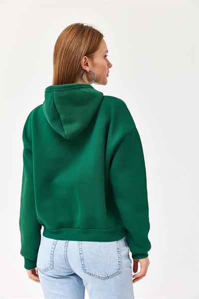 Nakışlı Kapüşonlu Üç İp Sweatshirt Yeşil
