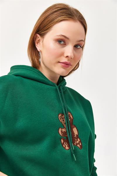 Nakışlı Kapüşonlu Üç İp Sweatshirt Yeşil