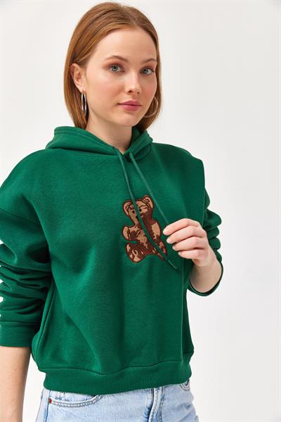 Nakışlı Kapüşonlu Üç İp Sweatshirt Yeşil