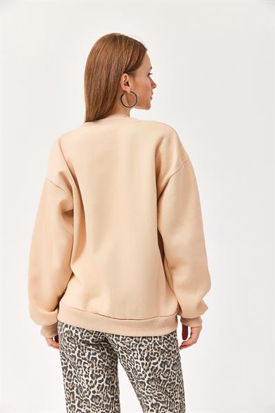 Nakışlı Şardonlu Üç İp Bayan Sweatshirt Bej